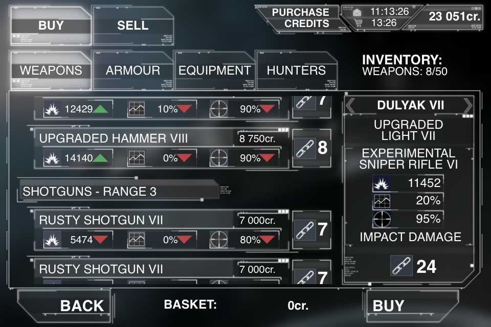 Trade menu, sezione armi