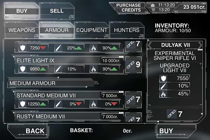 Trade menu, sezione armature