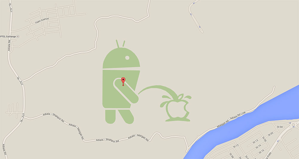 Un Android fa pipì sul logo Apple in Google Maps