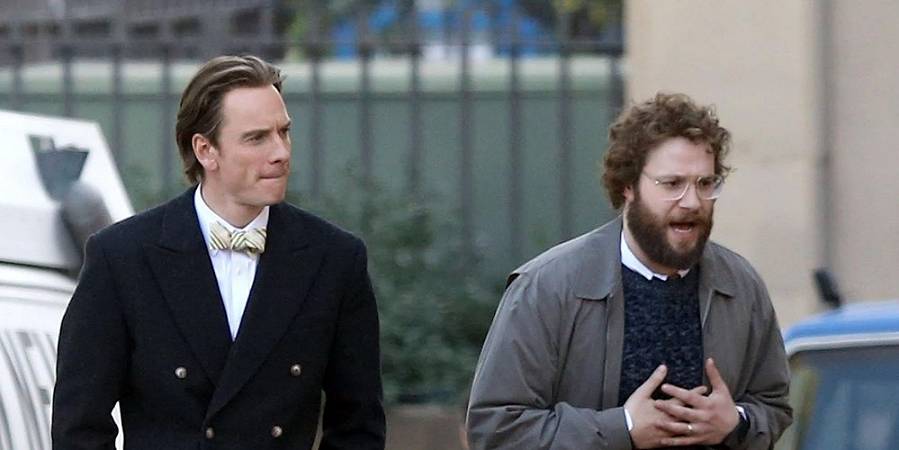 EXCLUSIVE: **PREMIUM EXCLUSIVE** Michael Fassbender and Seth Rogen film scenes for 'Steve Jobs' in Cupertino, California. Fassbender portrays the late Apple cofounder Jobs while Rogen plays his collaborator Steve Wozniak. Directed by Danny Boyle - who was seen chatting to the actors - the film is set in 1984 and focuses on the launch of three key Apple products. The production had a shaky start, originally associated with Sony Studios and with Leonardo DiCaprio just one of the actors suggested for the lead role. The drama of the events was revealed in the leaked emails from the Sony hack. Eventually the project found stability at Universal with Kate Winslet also confirmed to star. Pictured: Michael Fassbender, Seth Rogen Ref: SPL939044 300115 EXCLUSIVE Picture by: Splash News Splash News and Pictures Los Angeles: 310-821-2666 New York: 212-619-2666 London: 870-934-2666 photodesk@splashnews.com