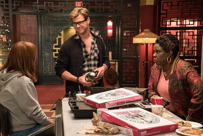 Erin (Kristen Wiig), Kevin (Chris Hemsworth) and Patty (Leslie Jones) in Columbia Pictures' GHOSTBUSTERS.