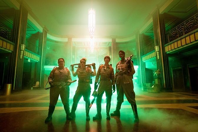 The Ghostbusters Abby (Melissa McCarthy), Holtzmann (Kate McKinnon), Erin (Kristen Wiig) and Patty (Leslie Jones) inside the Mercado Hotel Lobby in Columbia Pictures' GHOSTBUSTERS.