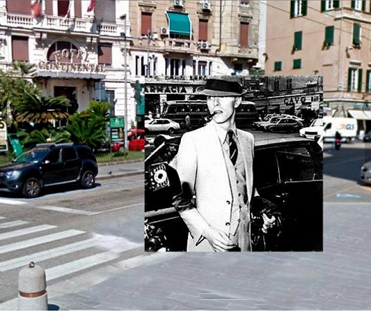 David Bowie di fronte all'Hotel Continental di Genova, all'incrocio tra Via Balbi e Via Arsenale di Terra, aprile 1976.