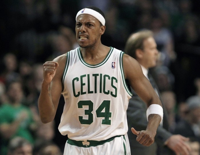 Boston Celtics forward Paul Pierce pumps his fist after a basket by teammate Rajon Rondo against the Minnesota Timberwolves during the second half of an NBA basketball game in Boston, Monday, Jan. 3, 2011. Pierce had 23 points as the Celtics beat the Timberwolves 96-93. (AP Photo/Charles Krupa)