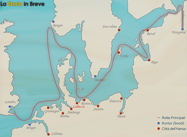 Mappa semplificata delle principali rotte commerciali della Lega Anseatica