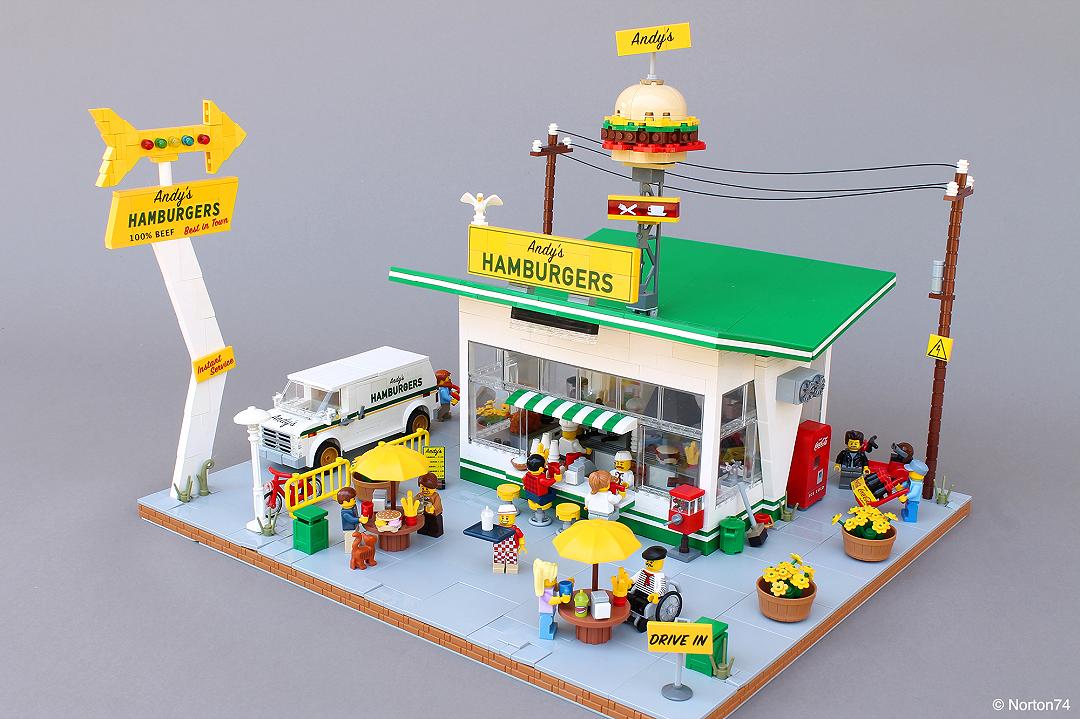 Tornano gli anni 50 nell’ultima opera LEGO di Norton74, l’Andy’s Hamburger Stand