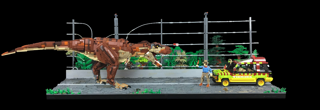 Il gigantesco Tirannosauro Rex LEGO in fuga dal suo recinto