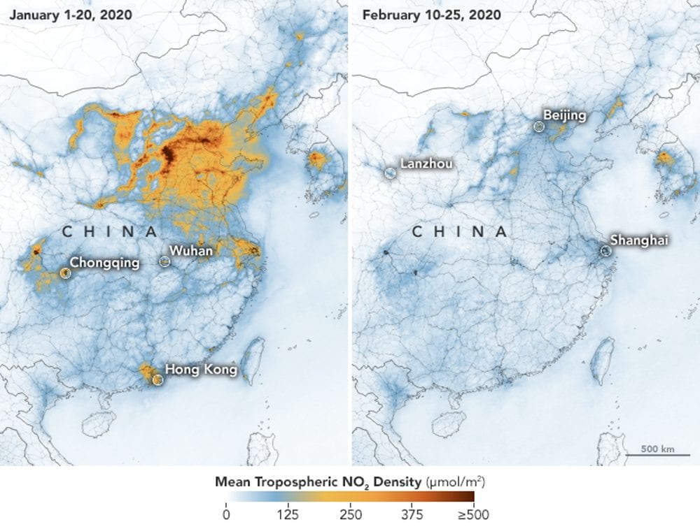 Coronavirus: immagini NASA mostrano diminuzione dell'inquinamento in Cina