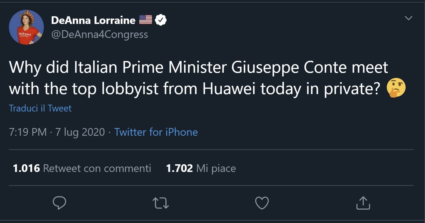“Giuseppe Conte ha incontrato il più importante lobbista di Huawei”, dice una politica americana