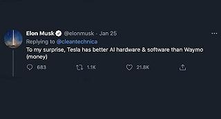 Elon Musk bisticcia con Waymo: “Tesla ha software e hardware migliori”