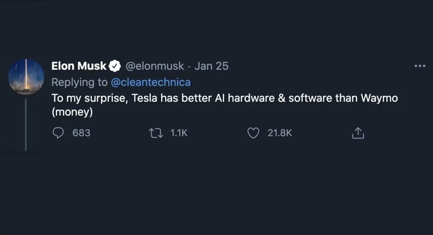 Elon Musk bisticcia con Waymo: “Tesla ha software e hardware migliori”