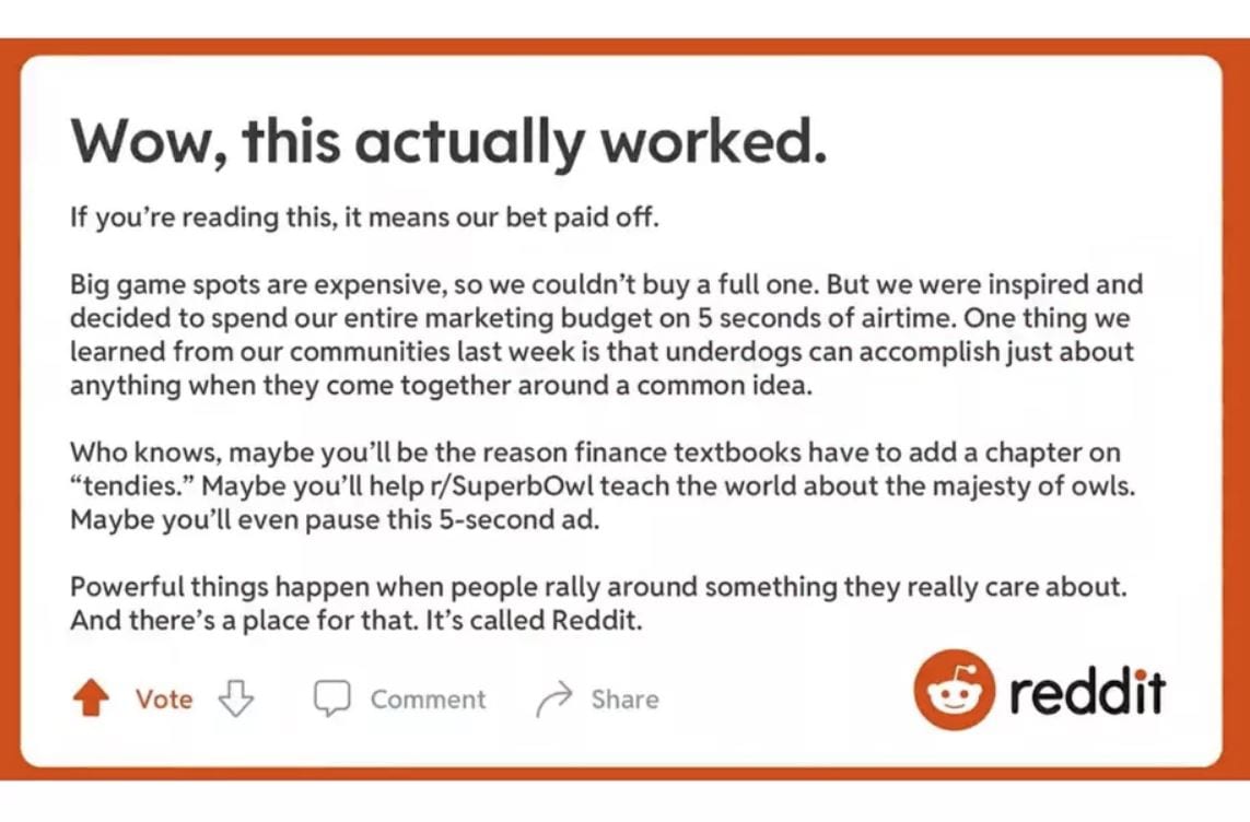 Reddit e lo spot da cinque secondi in onda durante il Super Bowl