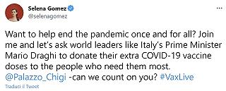 Selena Gomez vuole che Mario Draghi doni i vaccini in eccesso “a chi ne ha bisogno”