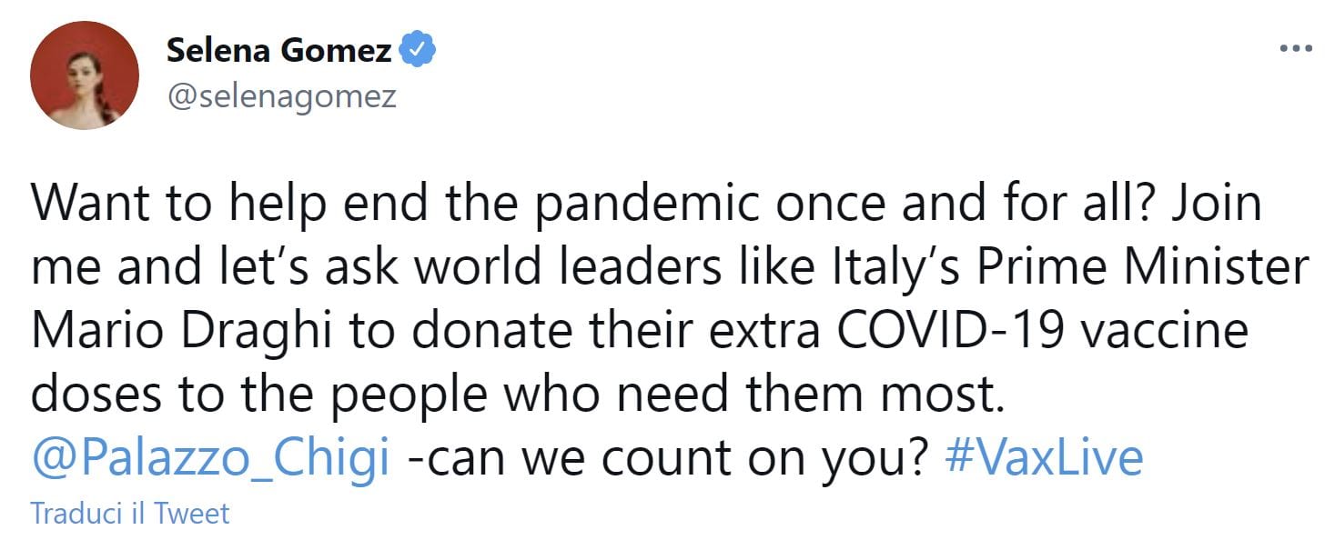 Selena Gomez vuole che Mario Draghi doni i vaccini in eccesso “a chi ne ha bisogno”