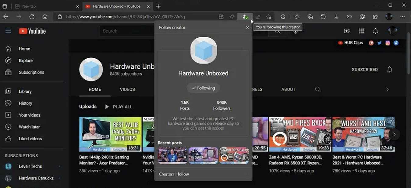 Edge: integrazione con YouTube in arrivo, un nuovo feed mostra i video degli youtuber