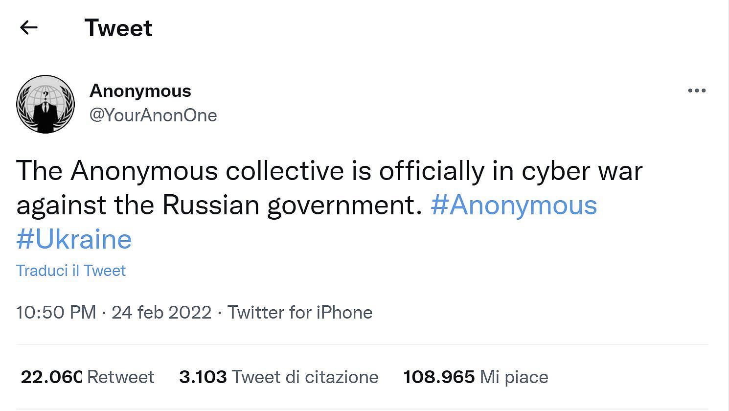 Anonymous dichiara guerra alla Russia: RT News è la prima vittima