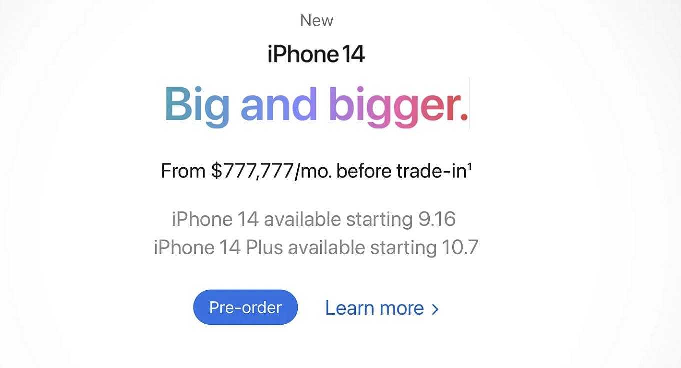 “iPhone 14 a partire da soli 777.777$ al mese”, il sito della Apple va in tilt