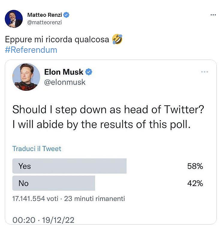 Elon Musk, gli utenti lo “licenziano” da CEO di Twitter e Renzi ironizza: “mi ricorda qualcosa”