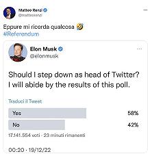 Elon Musk, gli utenti lo “licenziano” da CEO di Twitter e Renzi ironizza: “mi ricorda qualcosa”