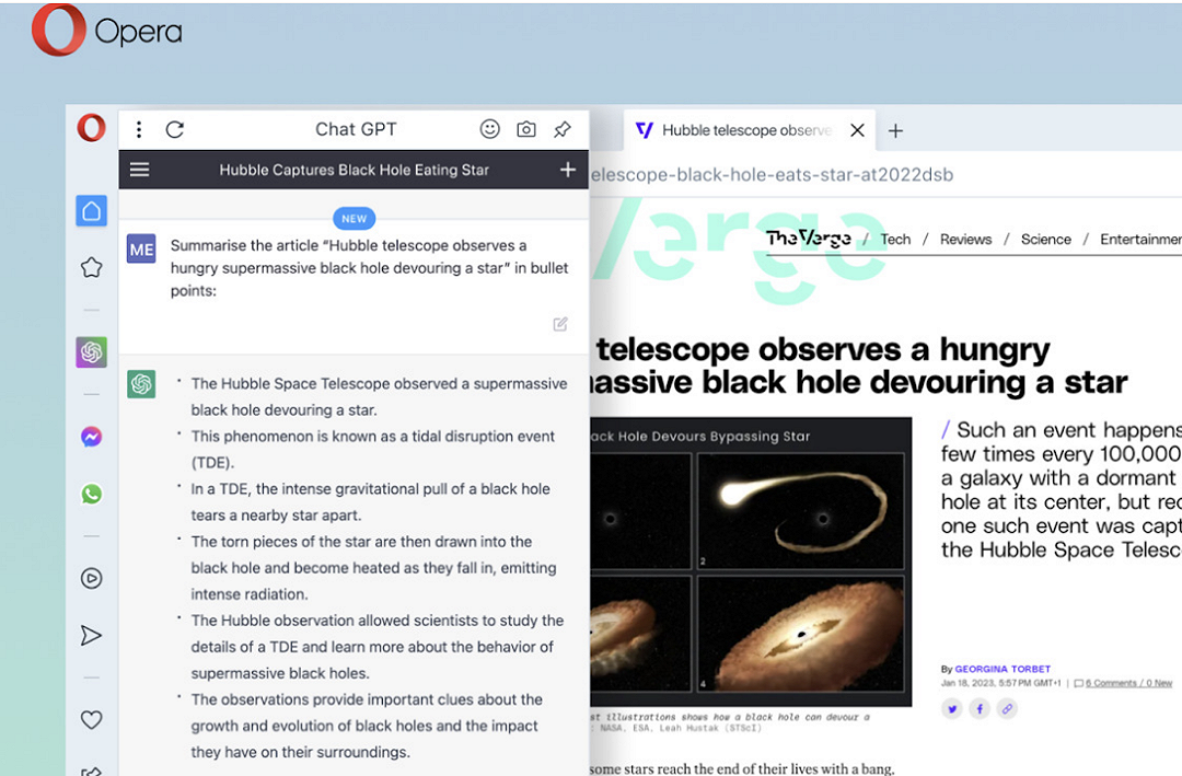 Opera: ChatGPT arriva sul browser, può riassumere brevemente qualsiasi articolo o pagina web