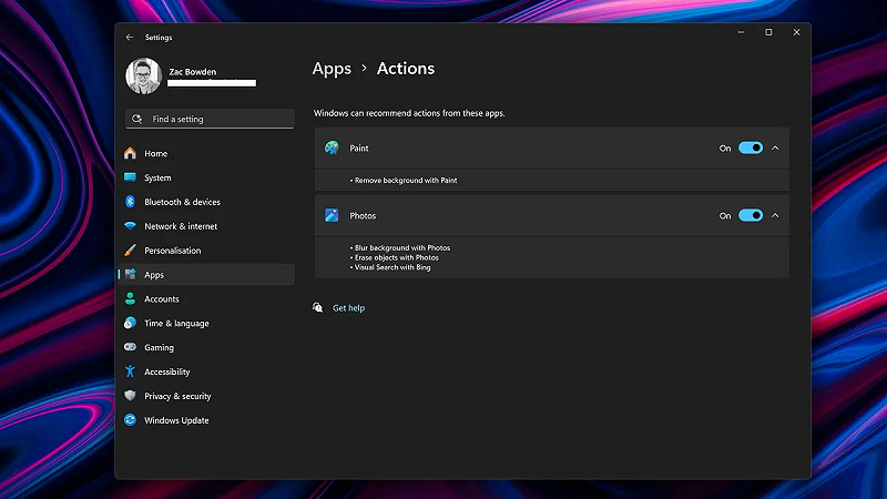 Il nuovo menù Actions di Windows 11