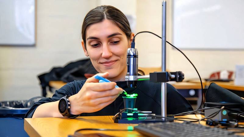 ricercatrice testa parte di un prototipo progettato per rilevare una risposta allo stress in una pianta