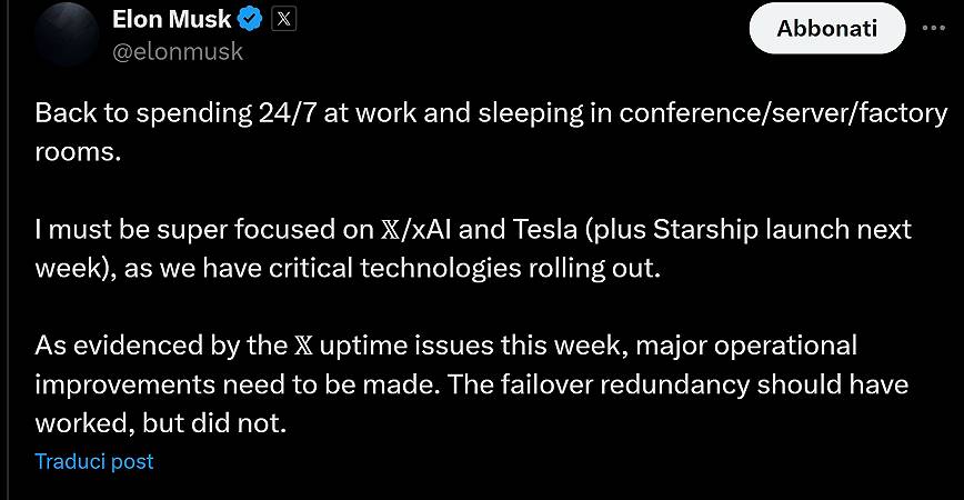 Un tweet di Elon Musk sul suo ritorno a gestire in prima persona le sue aziende.