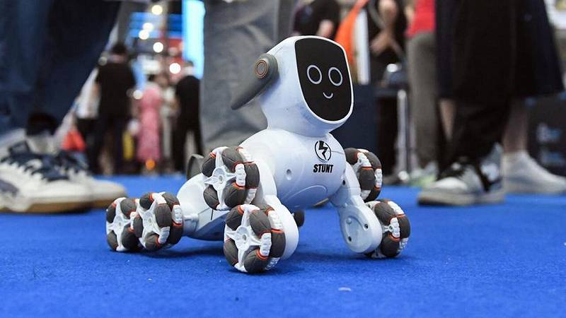 un robot dimostra la sua abilità nell'evitare gli ostacoli al Nanning International Convention and Exhibition Center di Nanning
