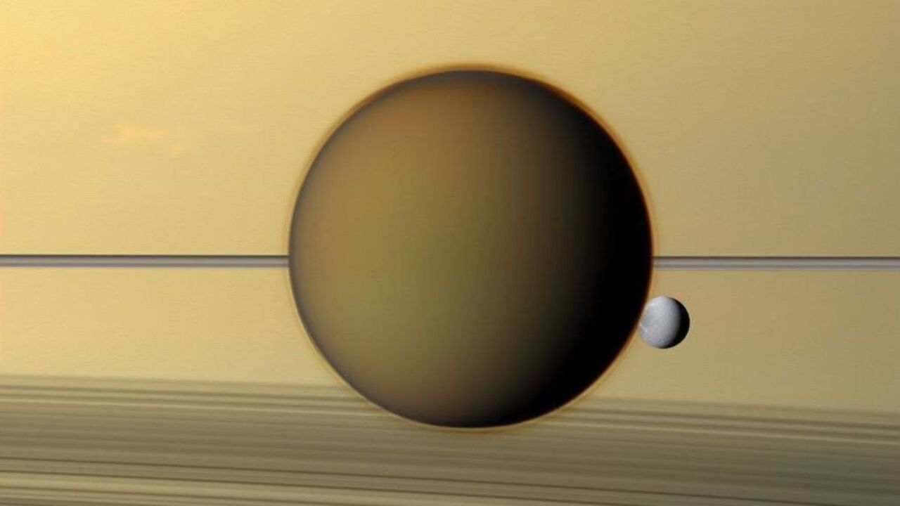 Titano e Dione passano davanti a Saturno e ai suoi anelli
