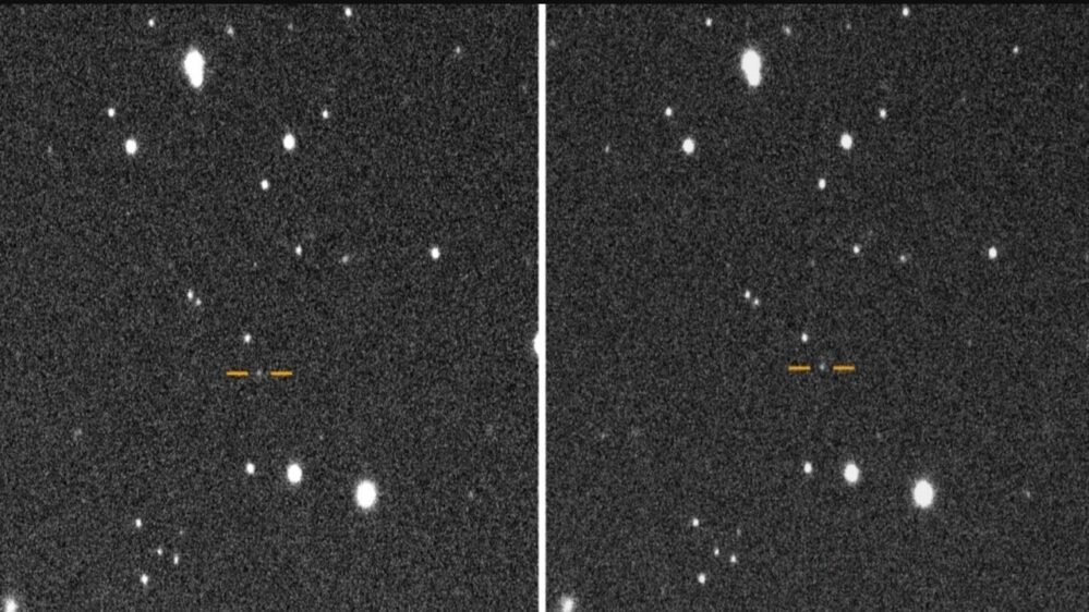 questa coppia di immagini mostra l'asteroide vicino alla Terra 2025 SC79 in movimento nello spazio