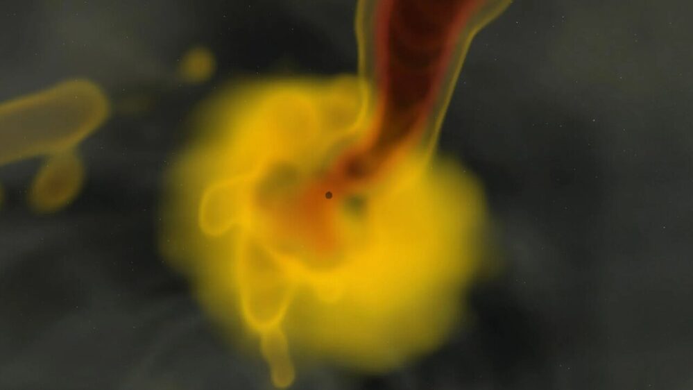 un'immagine fissa tratta da una simulazione al computer della formazione e dell'evoluzione di un buco nero
