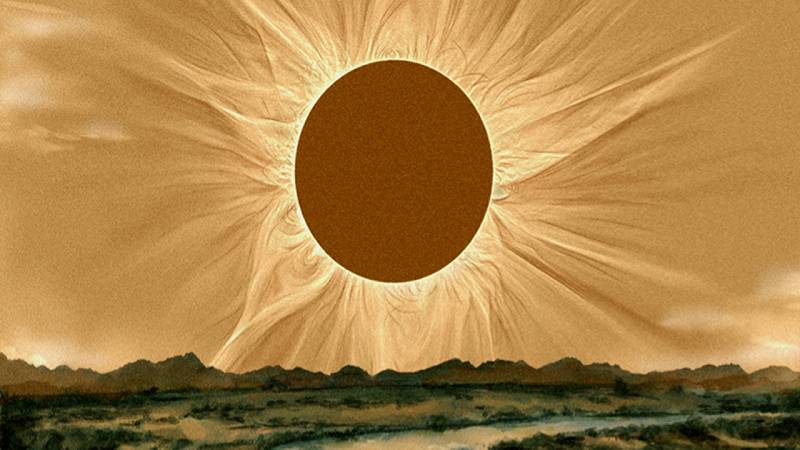 rappresentazione artistica della storica eclissi solare totale del 709 a.C.