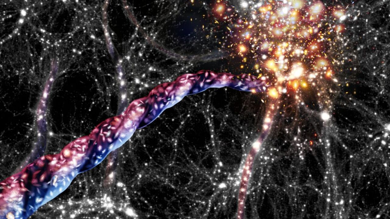 rappresentazione artistica di un filamento rotante della rete cosmica
