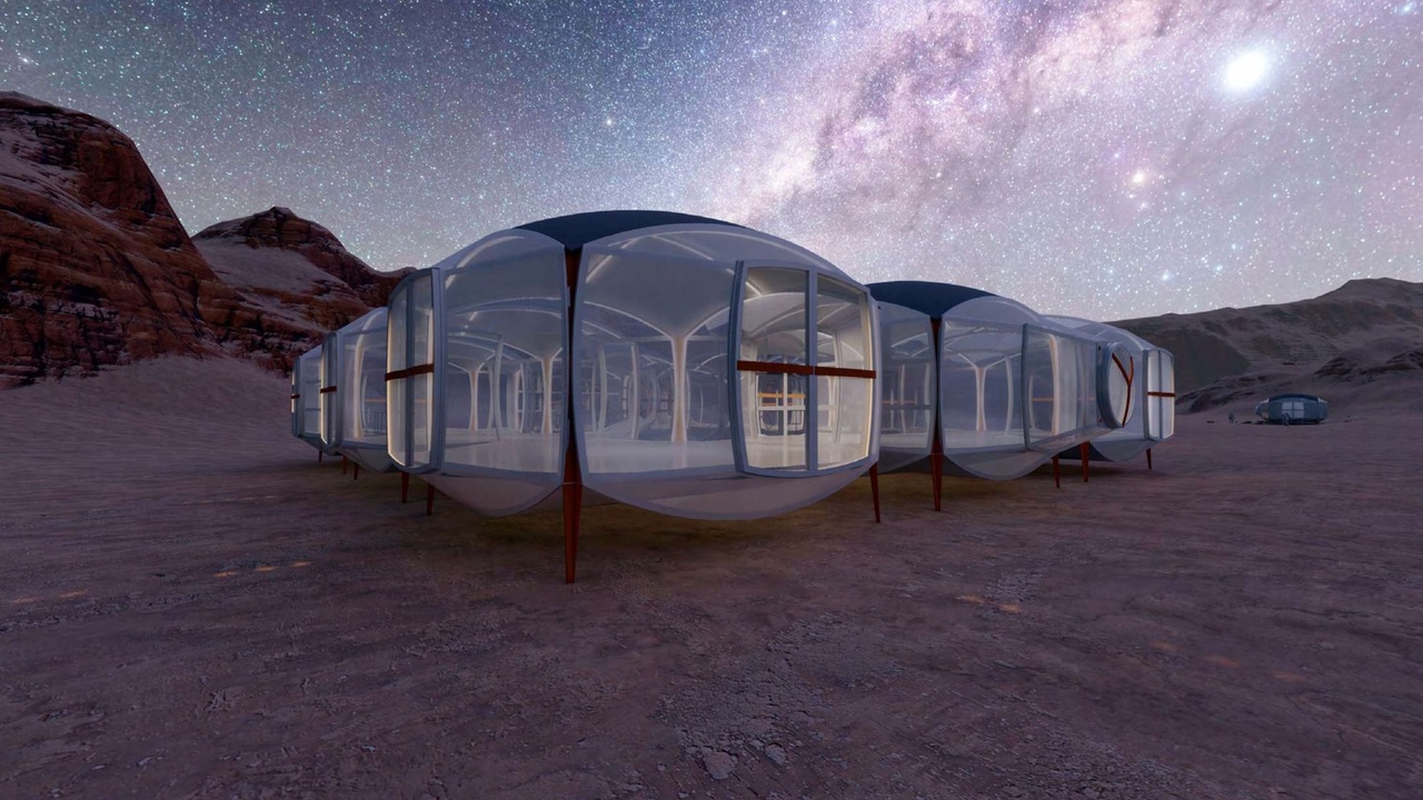un rendering digitale di un concept di habitat per il progetto MARS-V, caratterizzato da capsule trasparenti