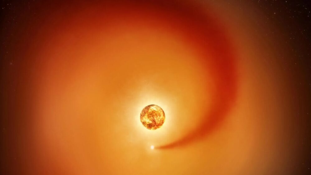rappresentazione artistica che mostra la stella supergigante rossa Betelgeuse e una stella compagna in orbita attorno ad essa