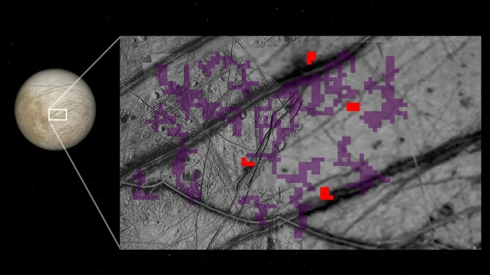 i pixel rossi indicano i punti sulla superficie di Europa in cui la sonda Galileo ha rilevato composti contenenti ammoniaca
