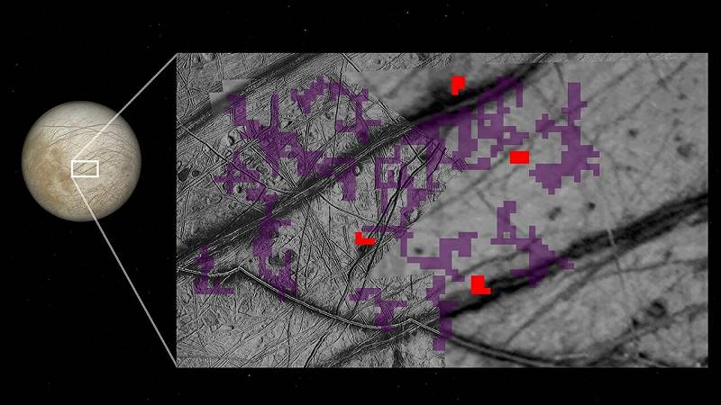i pixel rossi indicano i punti sulla superficie di Europa in cui la sonda Galileo ha rilevato composti contenenti ammoniaca