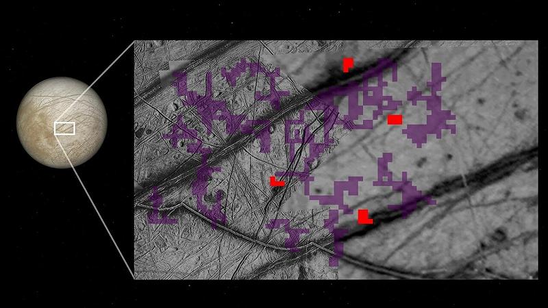 i pixel rossi indicano i punti sulla superficie di Europa in cui la sonda Galileo ha rilevato composti contenenti ammoniaca