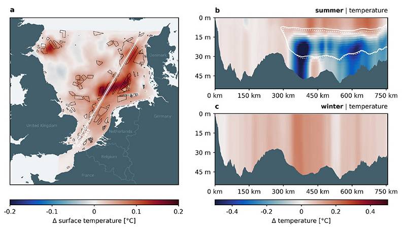 variazioni della temperatura superficiale del Mare del Nord causate dagli attuali parchi eolici offshore
